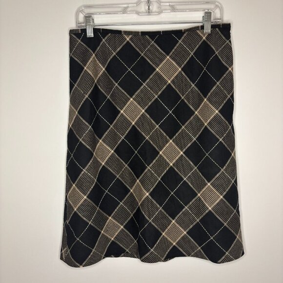 ANN TAYLOR LOFT Wool Skirt Womens 8 Black Tan Argyle Lined - Picture 1 of 4